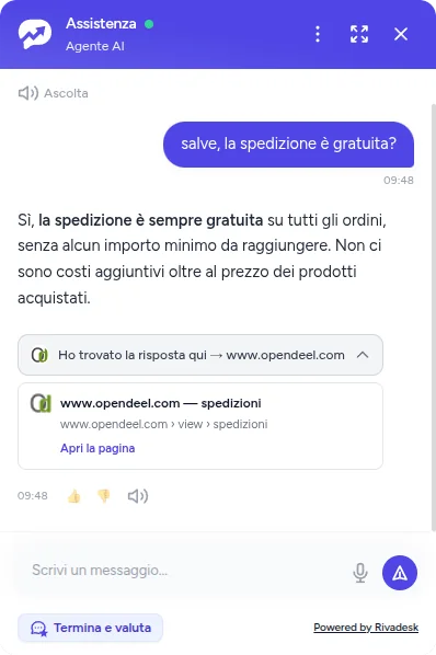 Anteprima di una risposta AI con le fonti citate dalla knowledge base