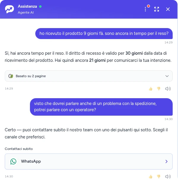 Conversazione che passa dall’AI all’operatore con notifica su WhatsApp