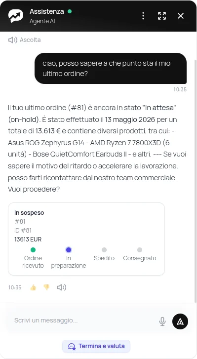 Anteprima di una conversazione di supporto su un ordine e-commerce con i dati reali del negozio