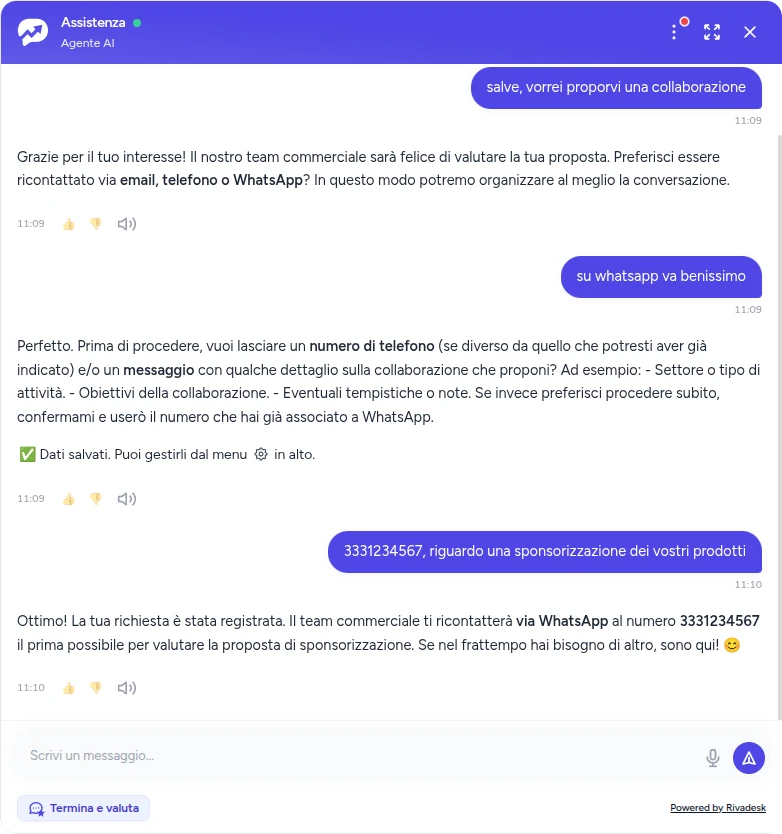 Anteprima di un widget su un sito di servizi che raccoglie un contatto fuori orario